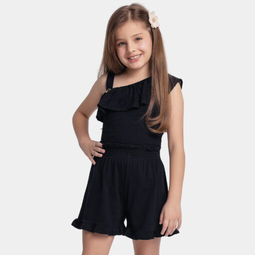 Conjunto Blusa e Shorts Com Babado No Busto Fakini Feminino - Preto - Imagem 2