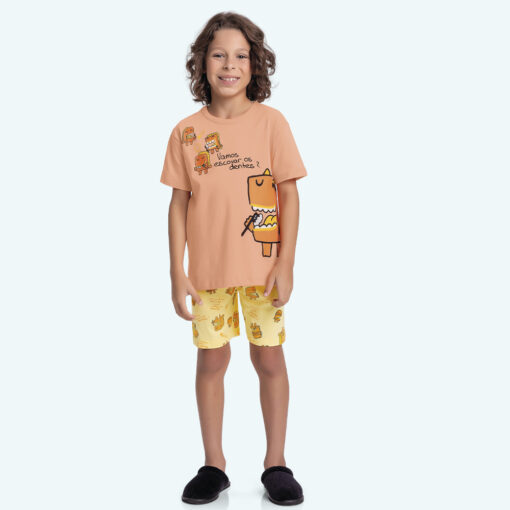 Conjunto Camiseta Manga Curta e Bermuda Pijama Vamos Escovar Os Dentes? Fakini Masculino